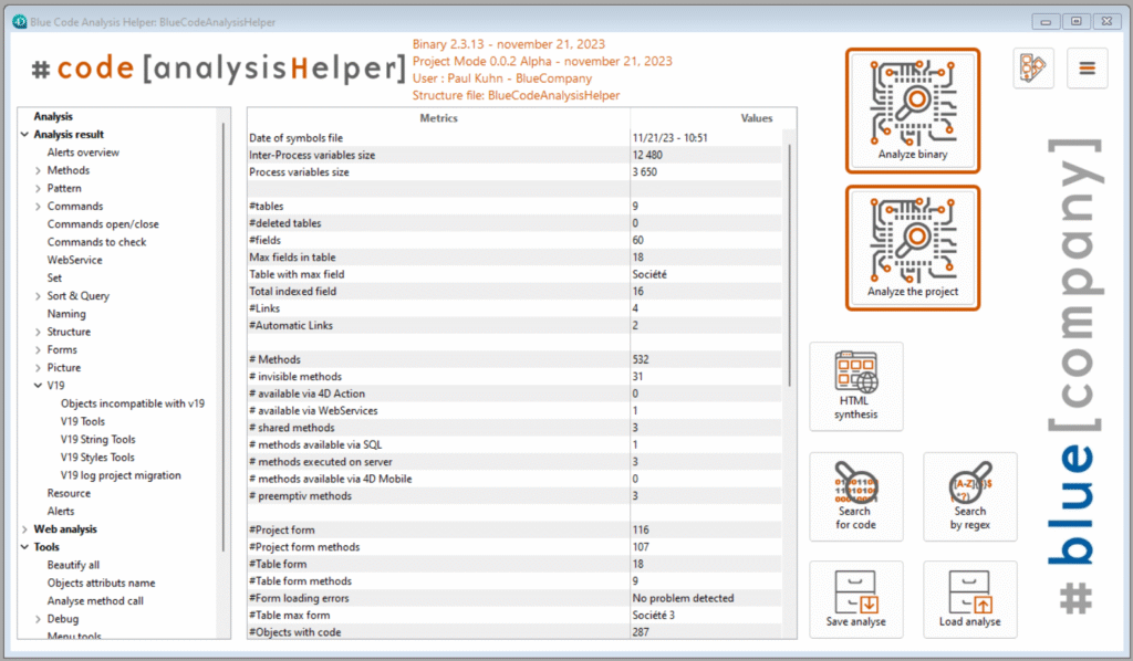 capture d'écran du composant 4D crée par blue company nommé code analysis helper